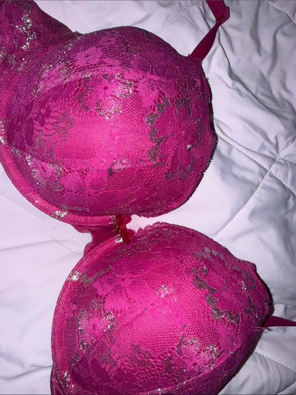 Victoria’s Secret Pink and Silver Lace w/ Charm Perfect Shape Bra 36C